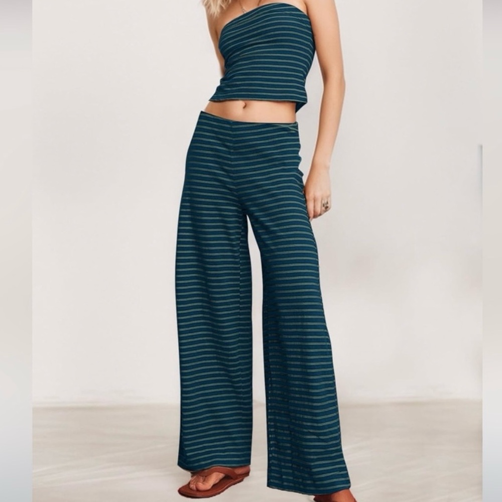 Striped Wide-Leg Knit Pants - Teal